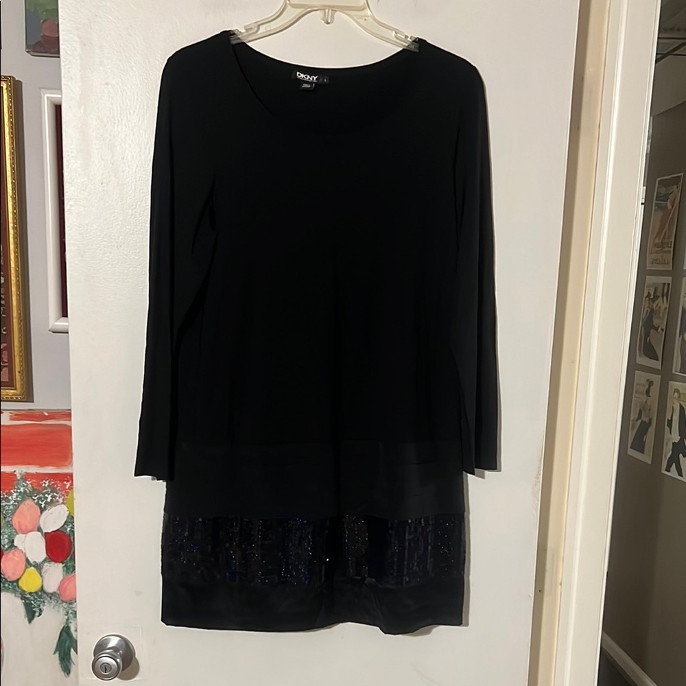 DKNY black long sleeve multi fabric dress